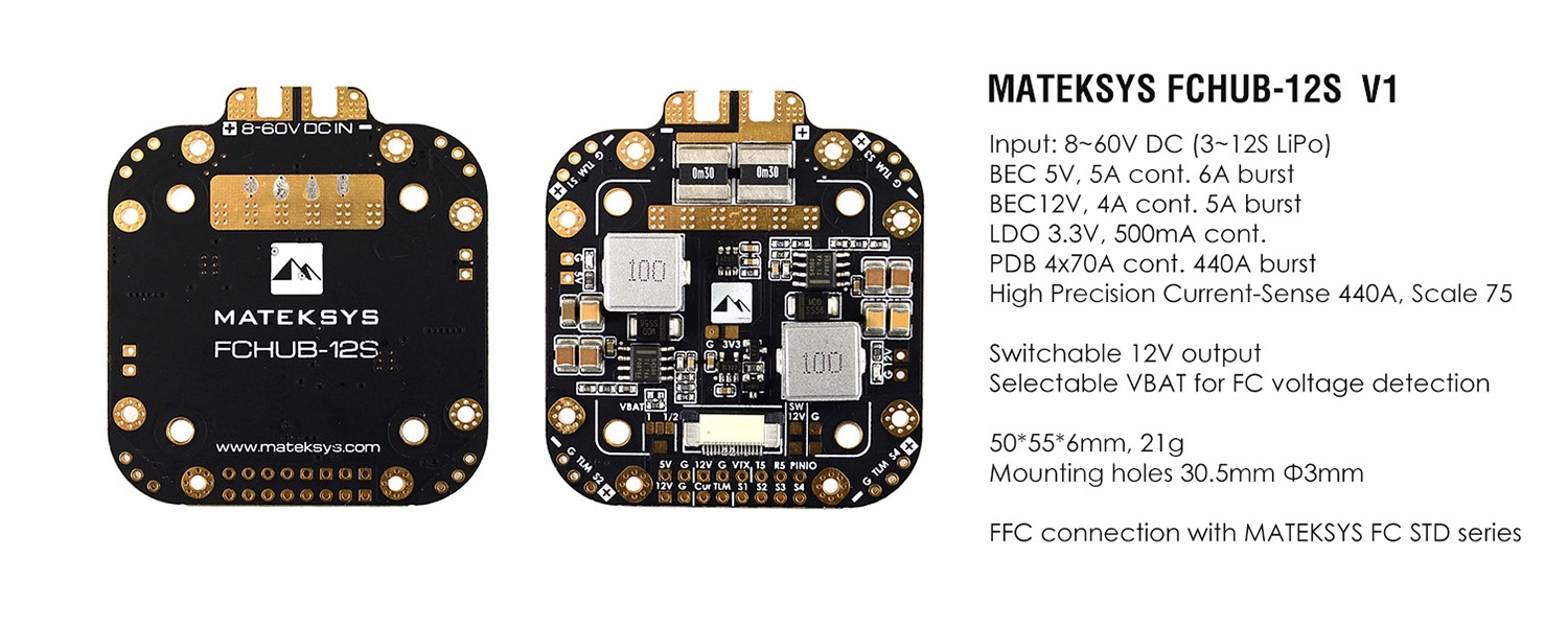 Matek Systems FCHUB-12S Power Hub (With 5A Continuous BEC Output)