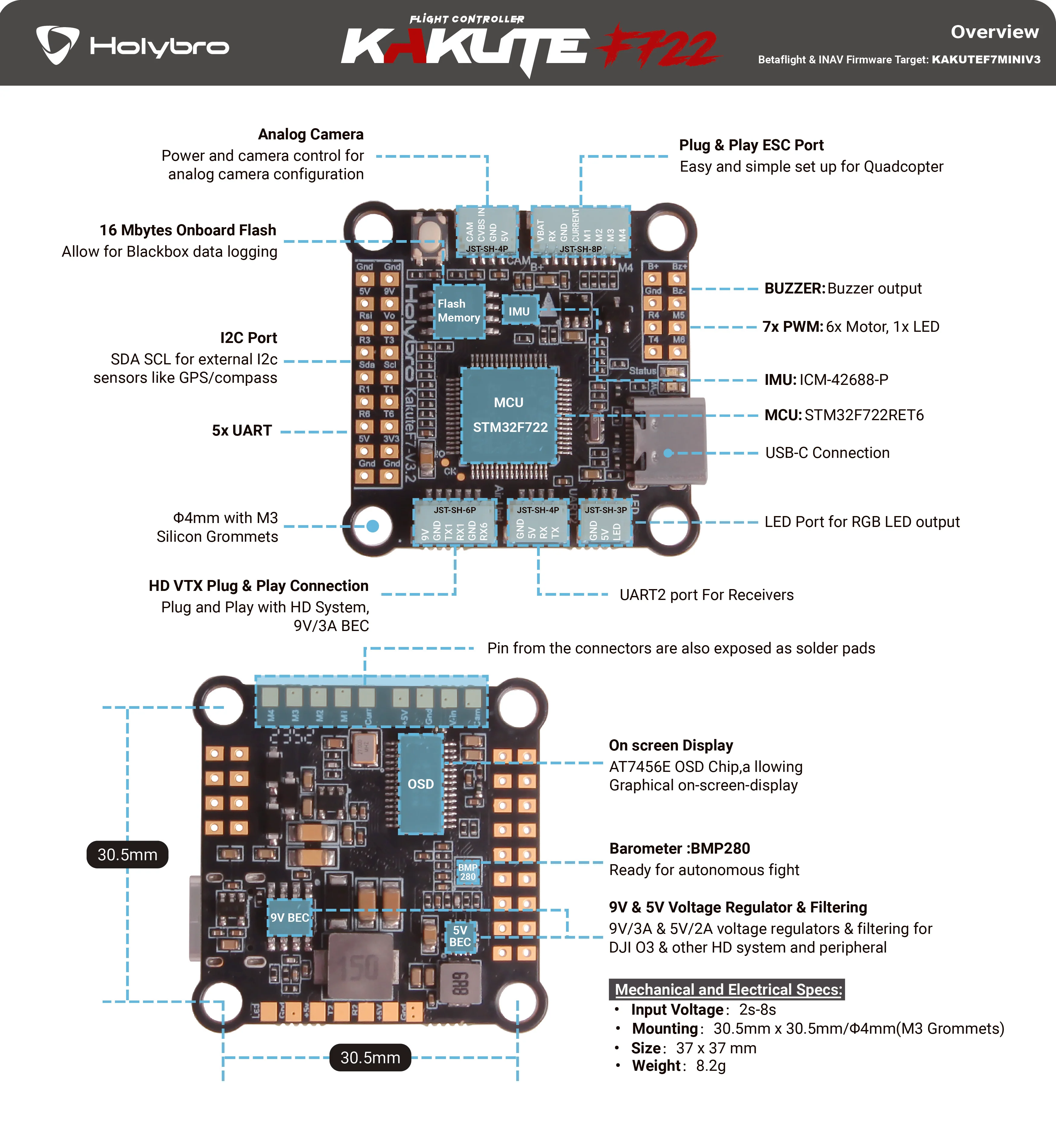 Kakute F722 Dual Gyro Pro V2 FPV Uçuş Kontrol Kartı (30.5x30.5mm)
