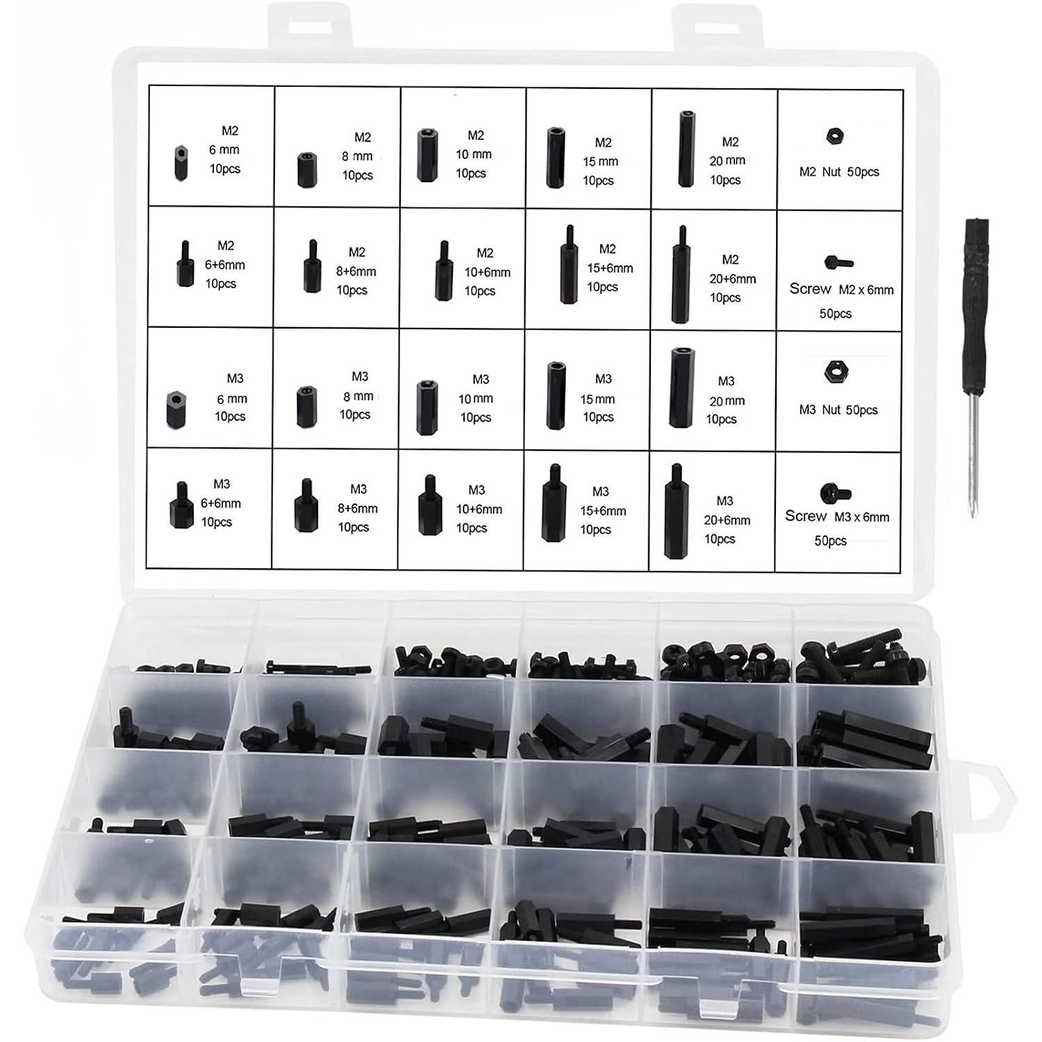 RDQ M2 & M3 Black Nylon & Steel  (300Pcs) V3 Kapsamlı Drone Montaj Civata ve Yükseltici Seti (Plastic Organizer Box)