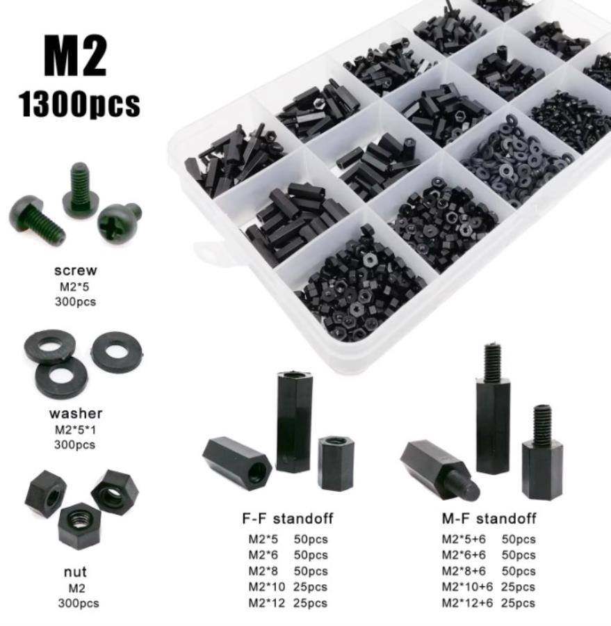 Miniware M2 & M3 Black Nylon & Steel  (300Pcs) V7 Kapsamlı Drone Montaj Civata ve Yükseltici Seti (Plastic Organizer Box)